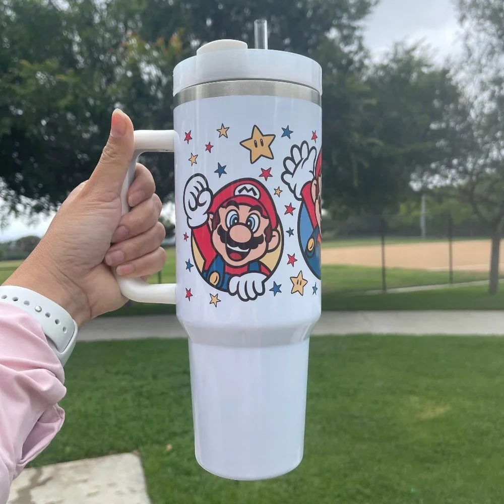 Custom Nintendo Super Mario Bros Tumbler 40 oz tumbler with hand carry handle. B